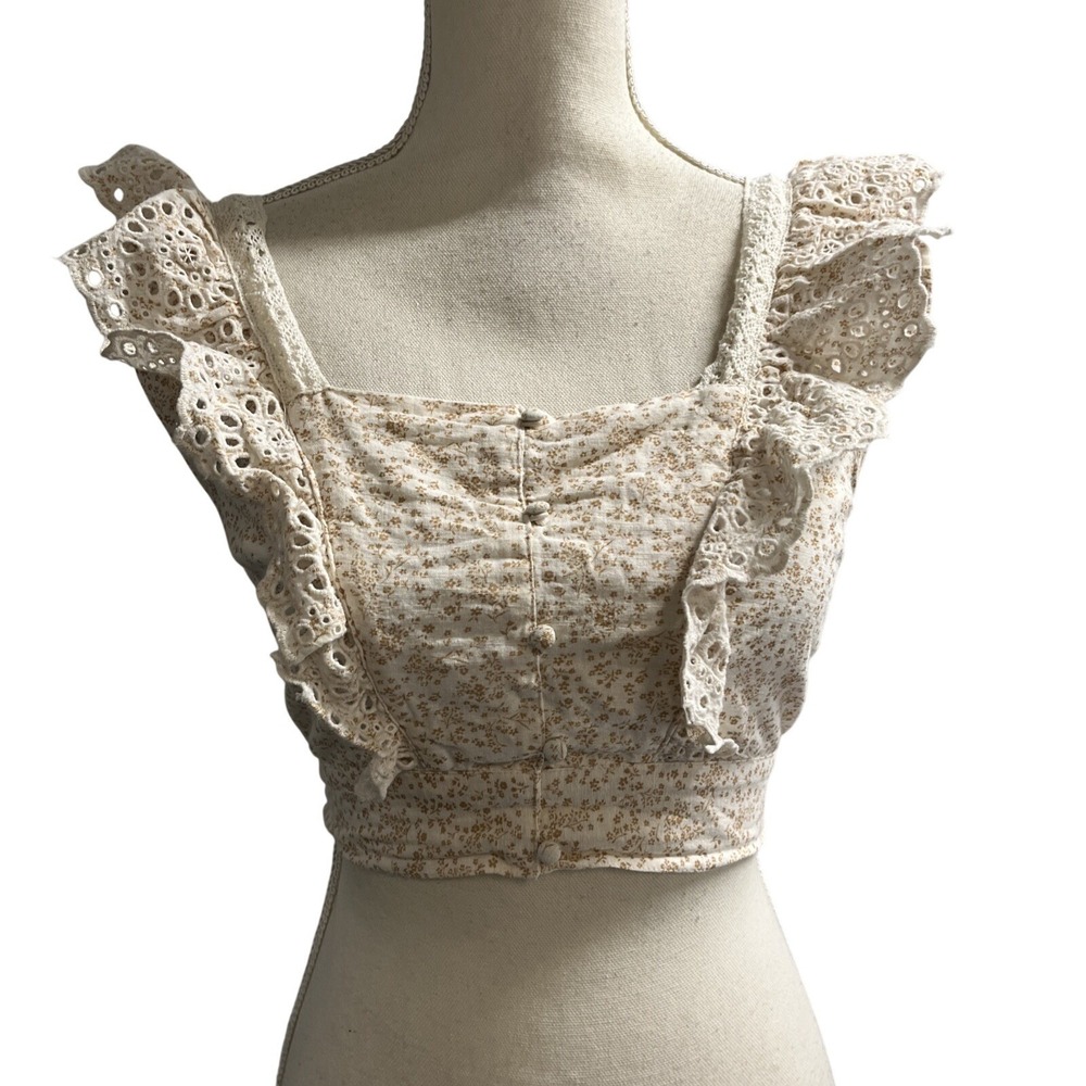 American Eagle Y2K Crop Top Brown Micro Floral Milkmaid Size S Coquette Soft